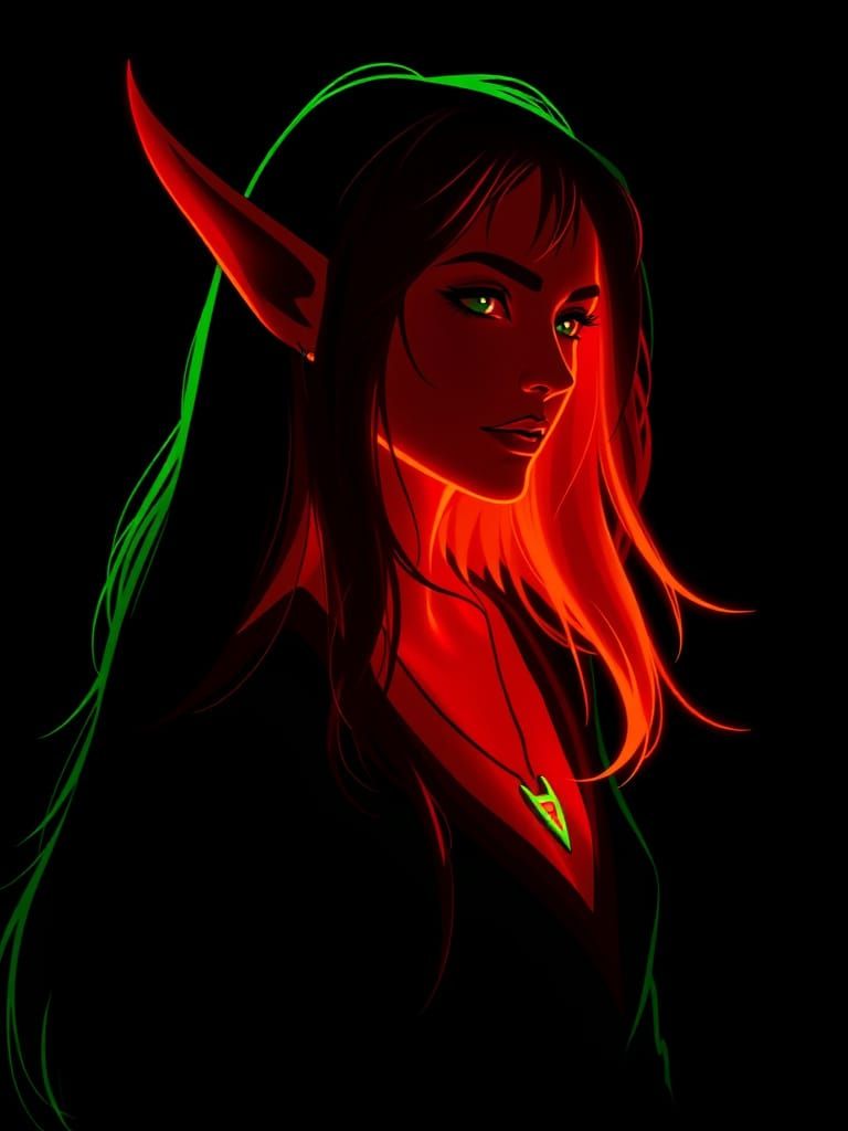 Chromatic Shadow Silhouette of a Female Elf in Bold Red and ...