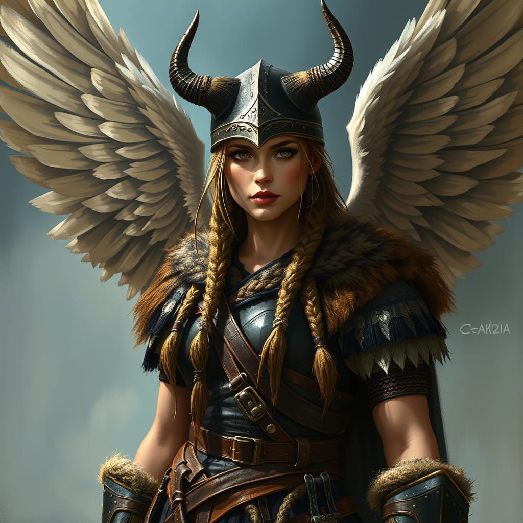 Viking Warrior Woman with Majestic Wings and Horned Helmet