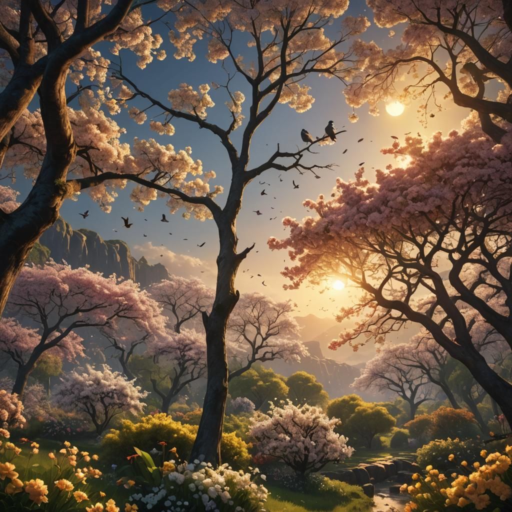 Epic Sunrise Scene with Flowering Trees
