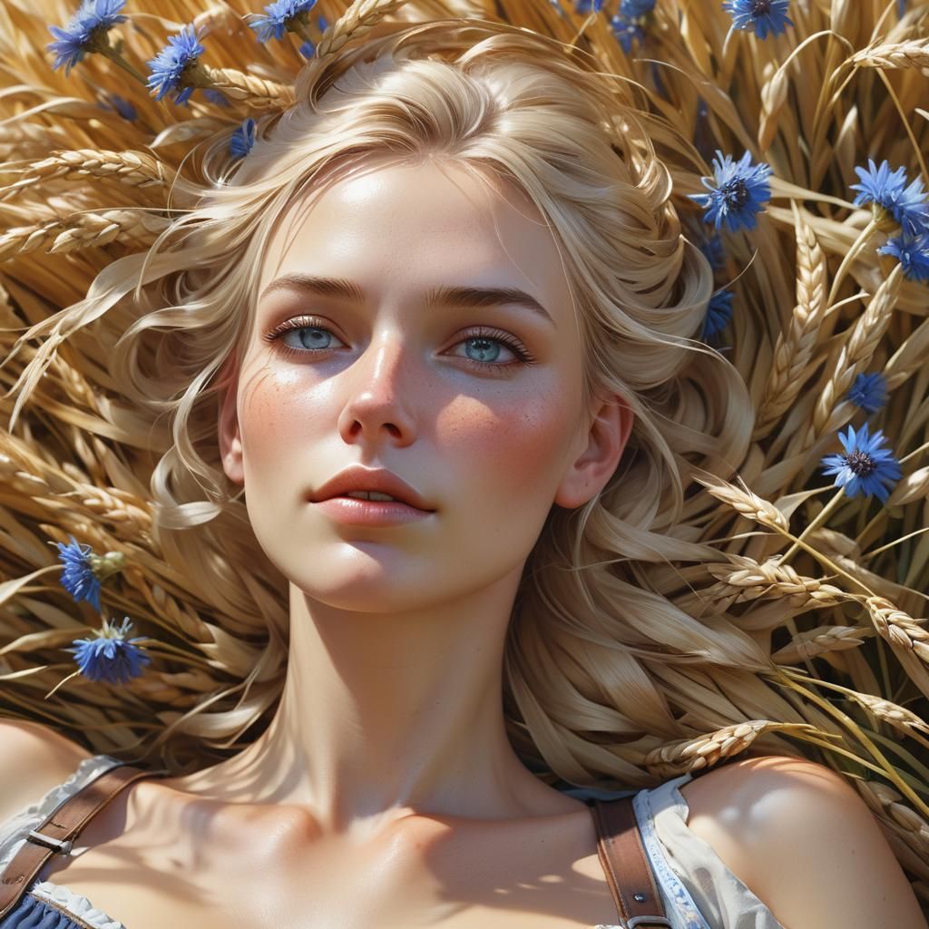 Blond Farmgirl Portrait in Art Nouveau Style