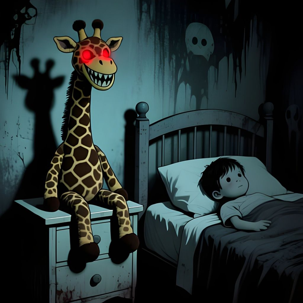 Eerie Plush Giraffe Grins with Glowing Red Eyes