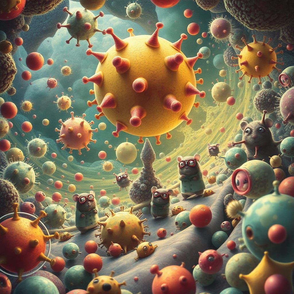 Vibrant Microscopic World with Hamsters in Moebius Style