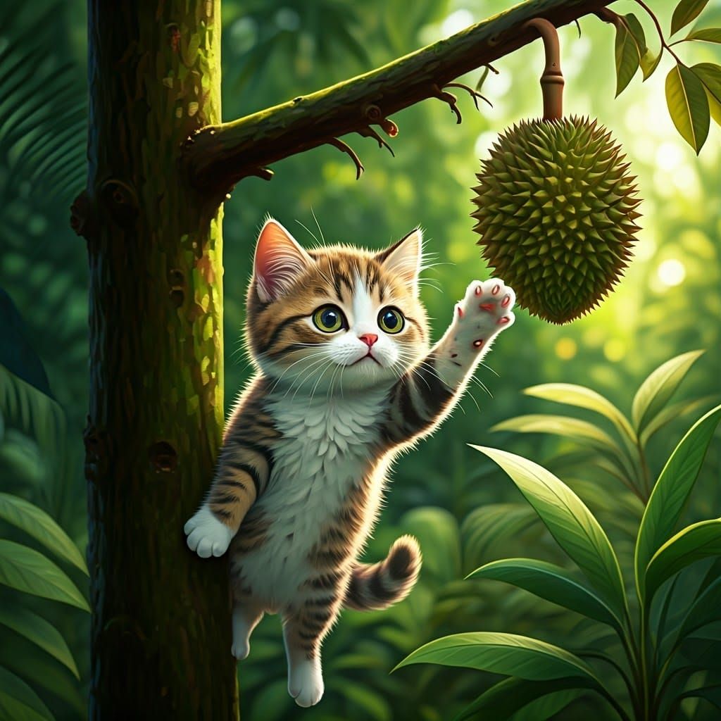 Cute Kitten Climbs Tropical Durian Tree