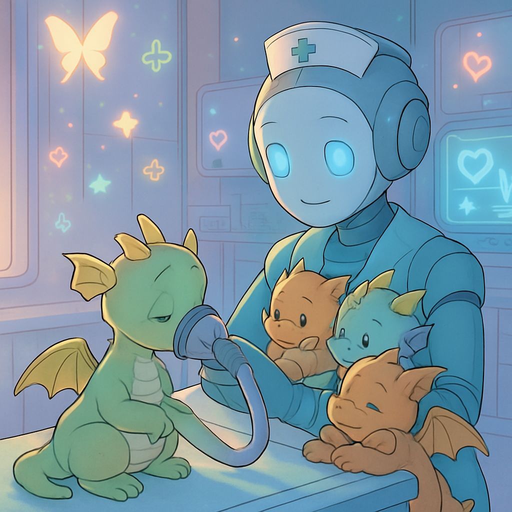 Anime Robot Nurse Cares for Dragons in Clinic