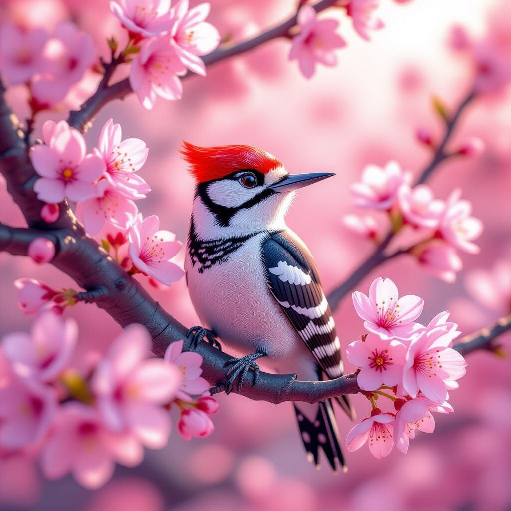 Crystallized Woodpecker in Anime Style Cherry Tree