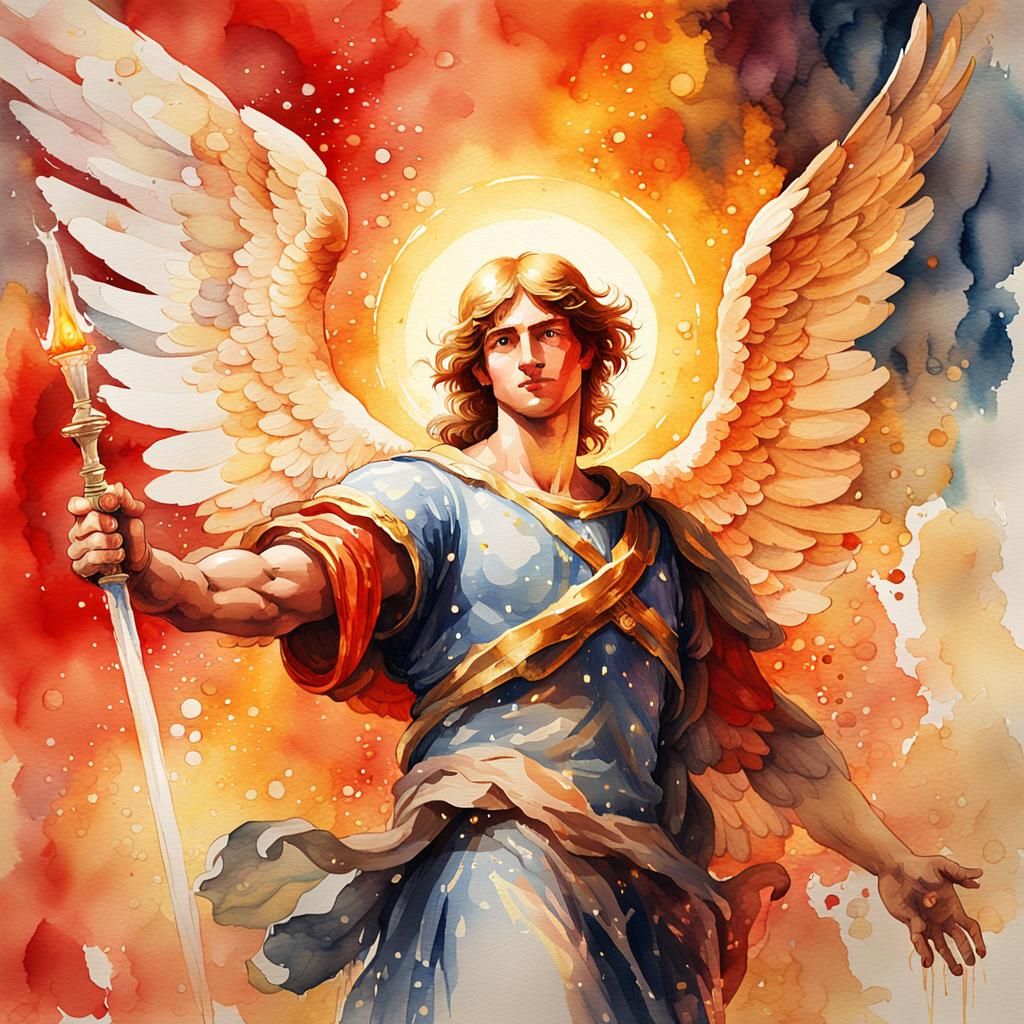 Archangel Raphael Portrait in Watercolor Splash Art