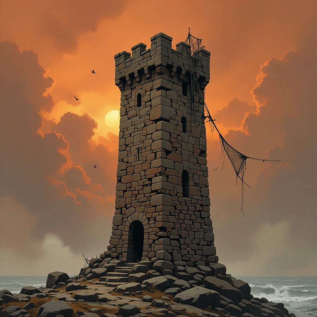 Windswept Stone Tower Silhouette in Surreal Style