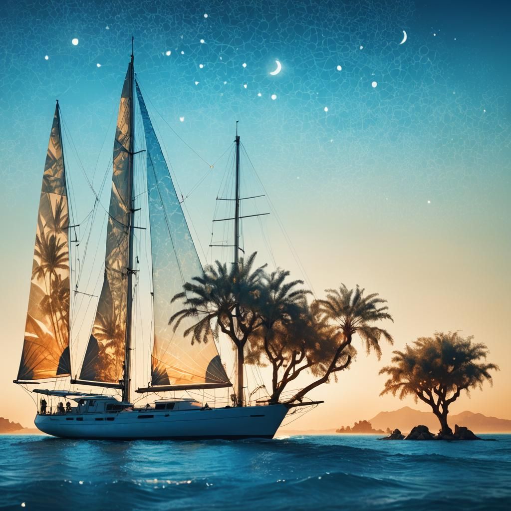 Hyperrealistic Double Exposure Sailboat in Desert Scene