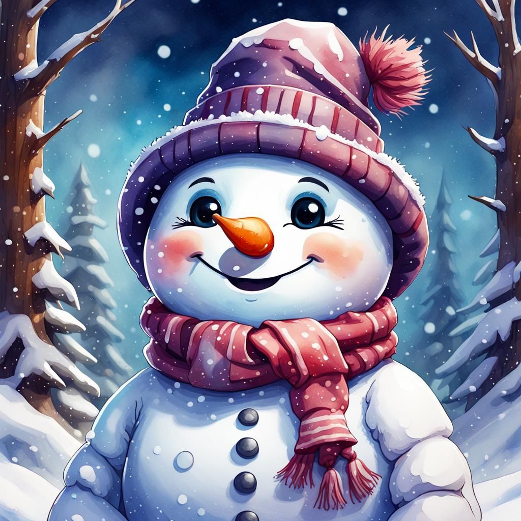 Chibi Snowman Watercolor in Winter Wonderland
