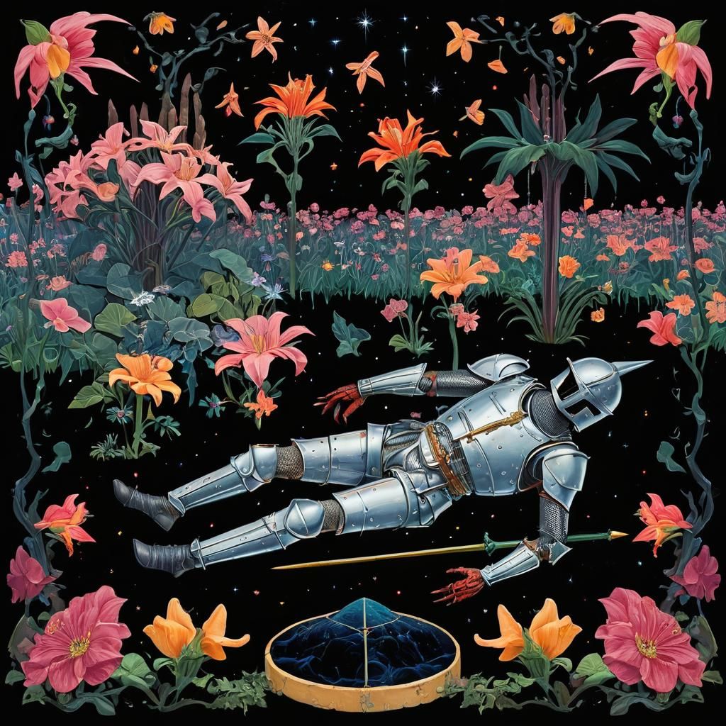 Fallen Knight in Surreal Psychedelic Garden