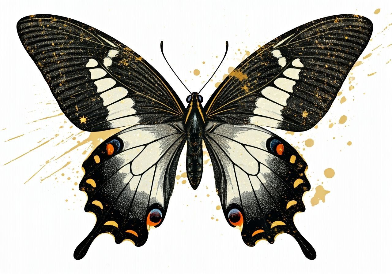 Monochromatic Butterfly Illustration with Gold Accents