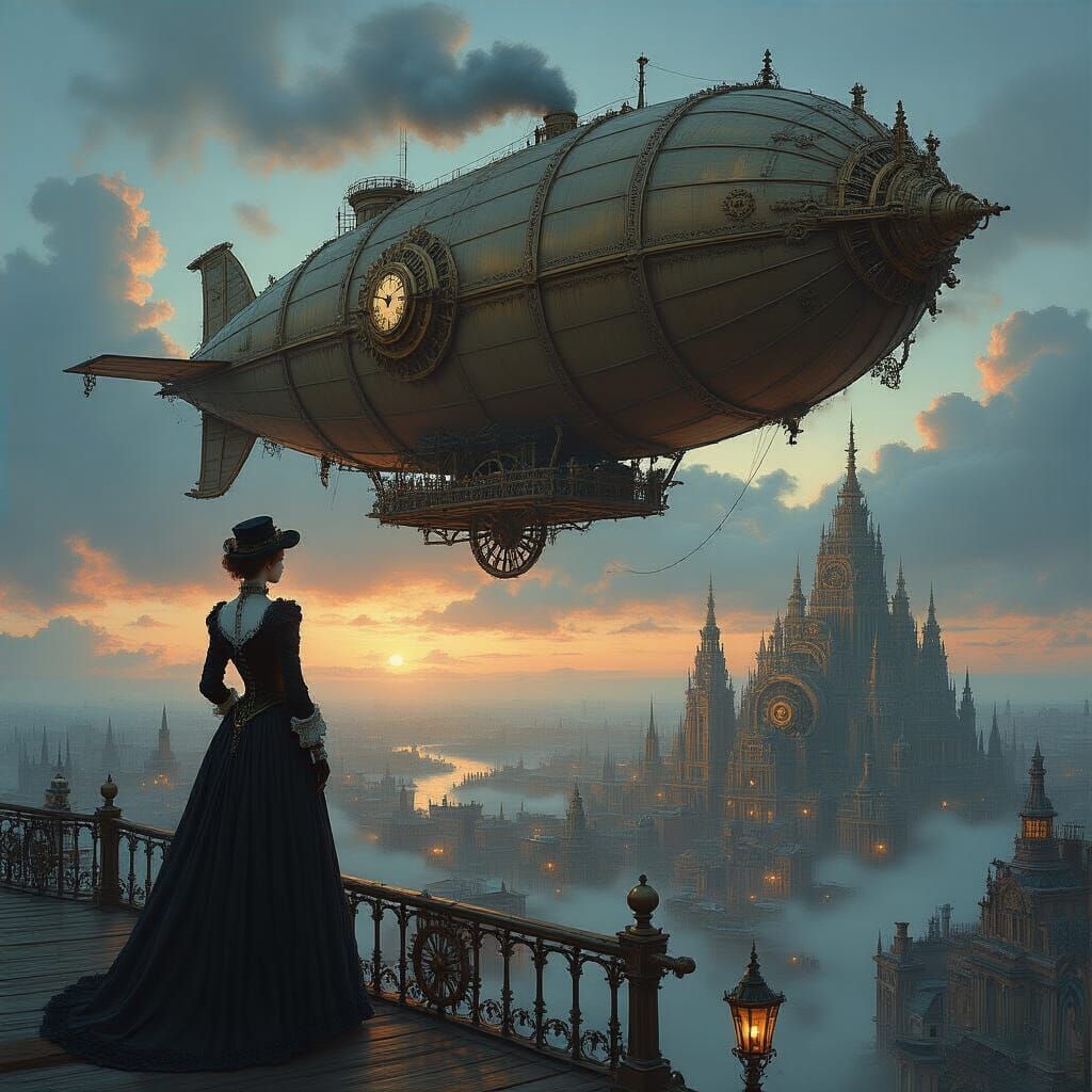 Victorian Airship Captain Over Clockwork City