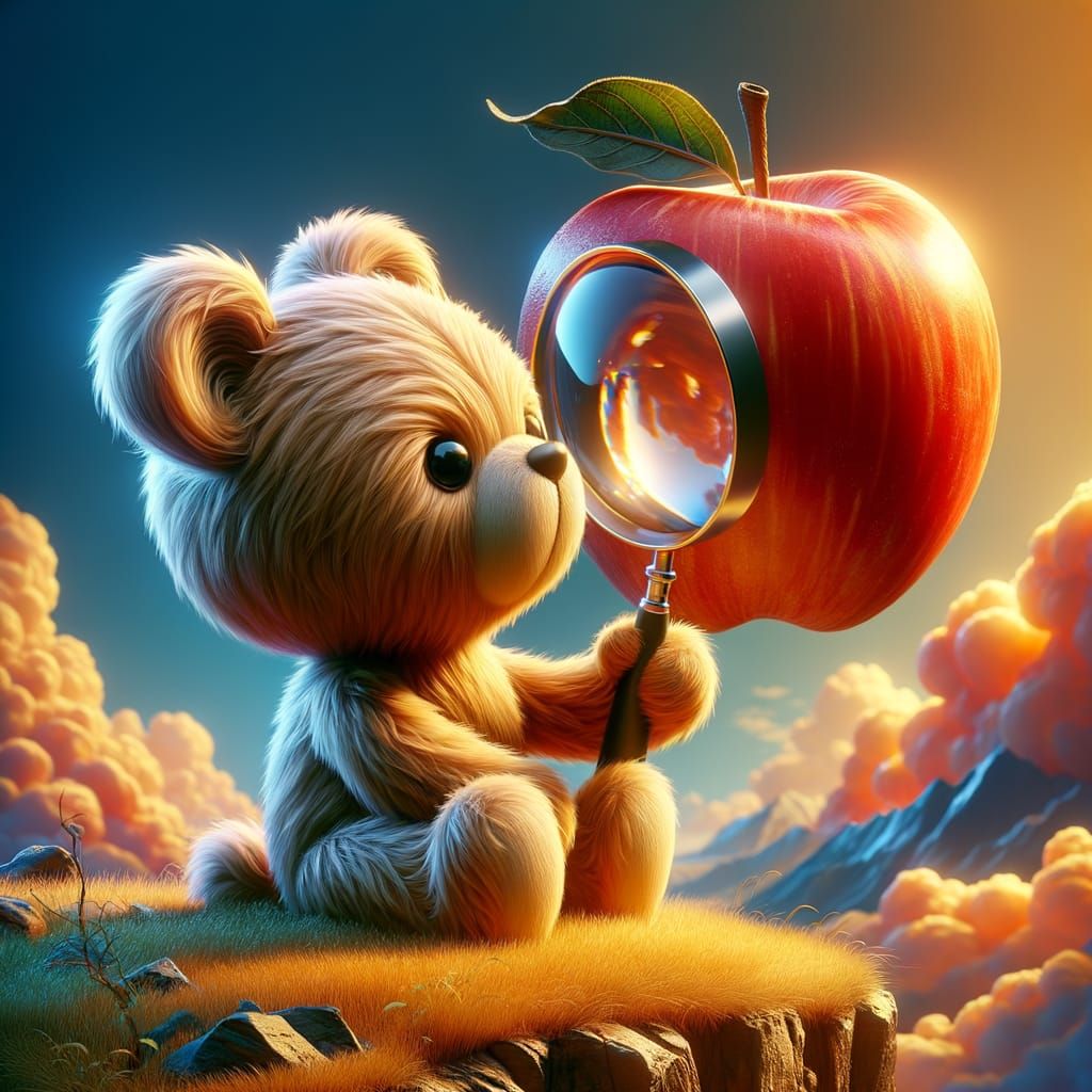 Vibrant Apple Bear Enlarges in Whimsical Adventure Scene