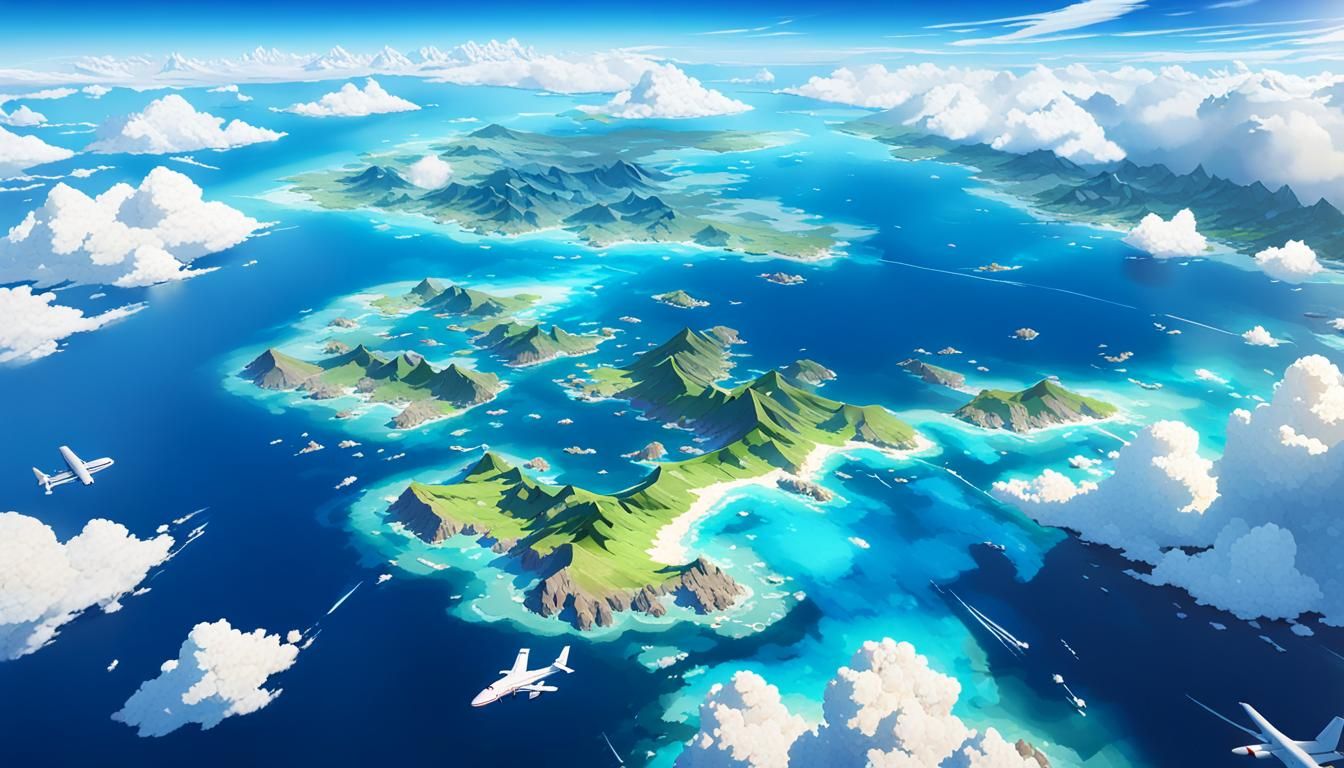 Aerial View of Continents and Ocean in Anime Style