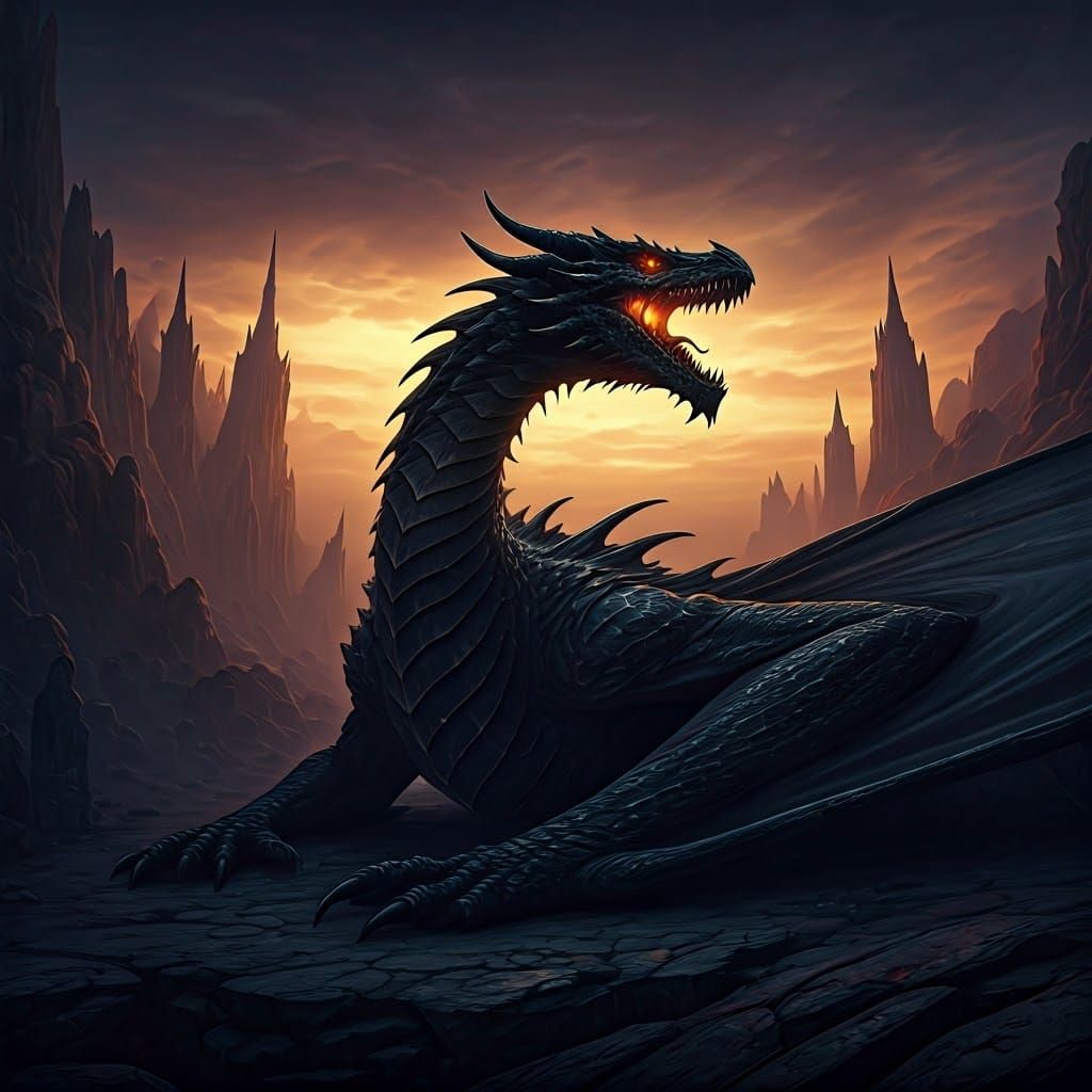 Onyx Dragon in Dark Fantasy Landscape