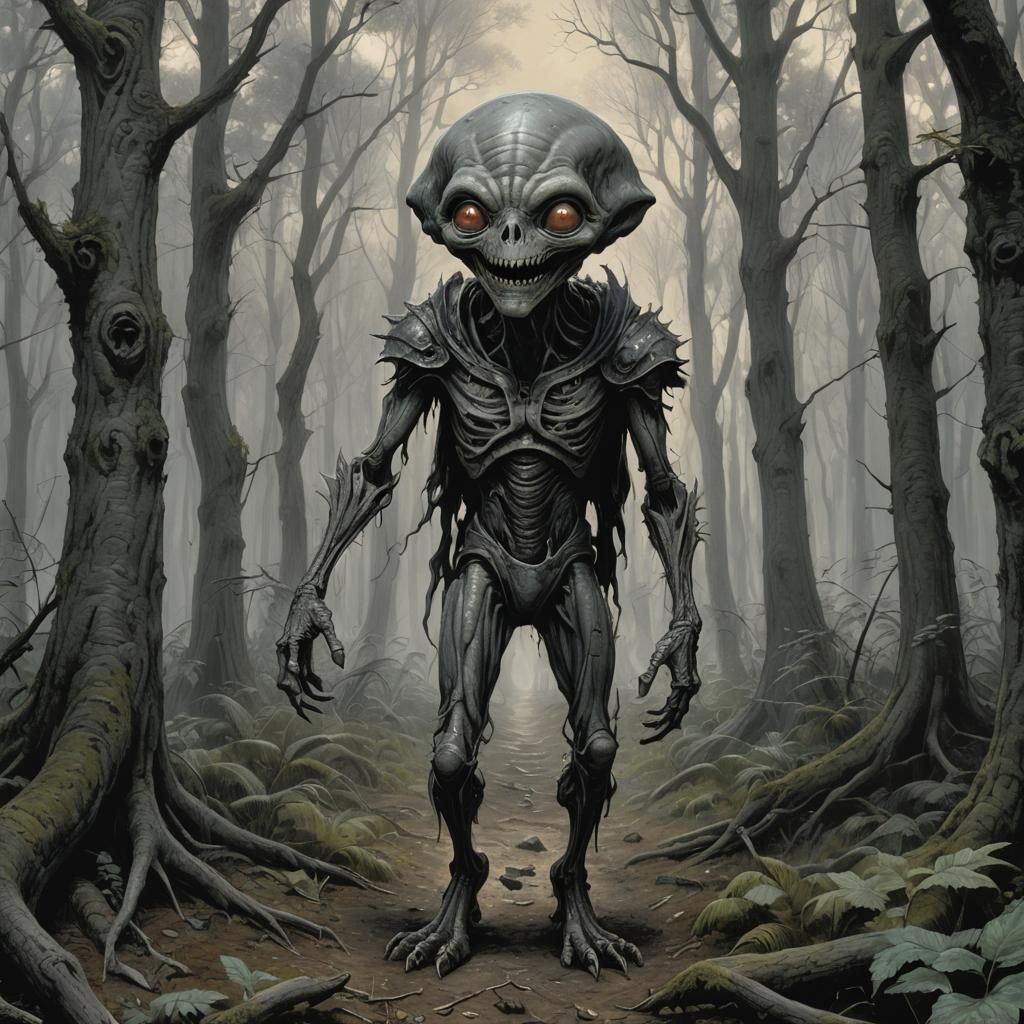 Grey Alien Smiles in Dark Forest Illustration