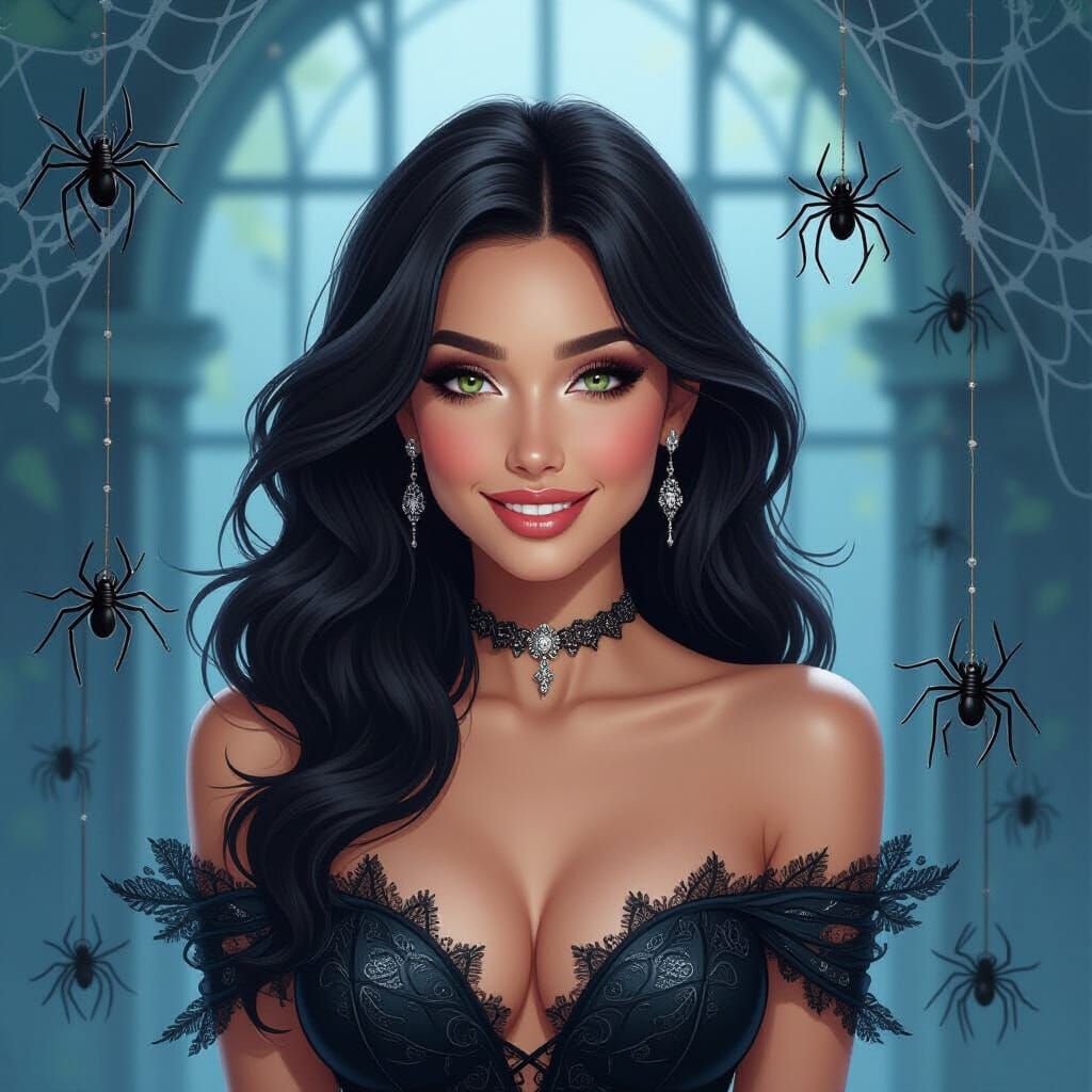 Woman in Spiderweb Dress Smiling in Web Room