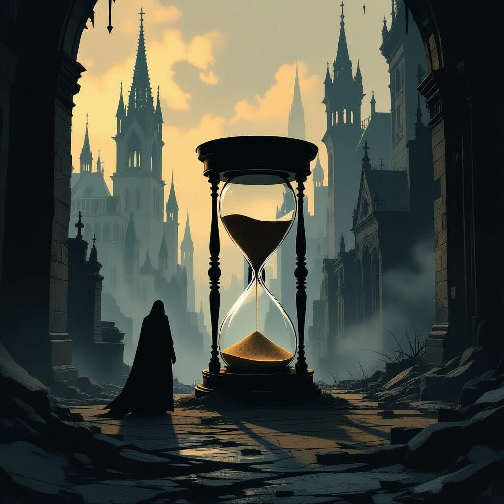 Solitary Figure's Dwindling Sands in Gothic Cityscape