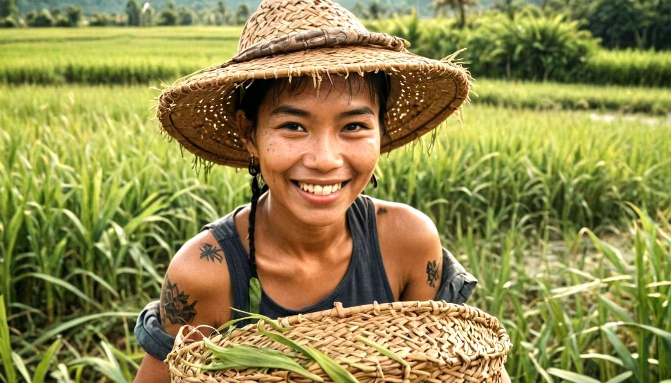 Southeast Asian Woman Working in Rice Field