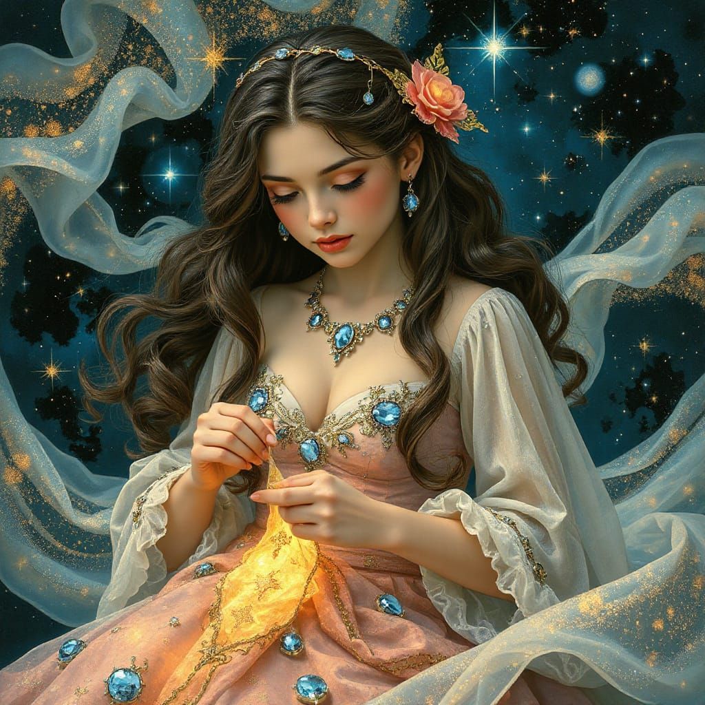 Celestial Seamstress Weaving the Cosmos in Art Nouveau Style