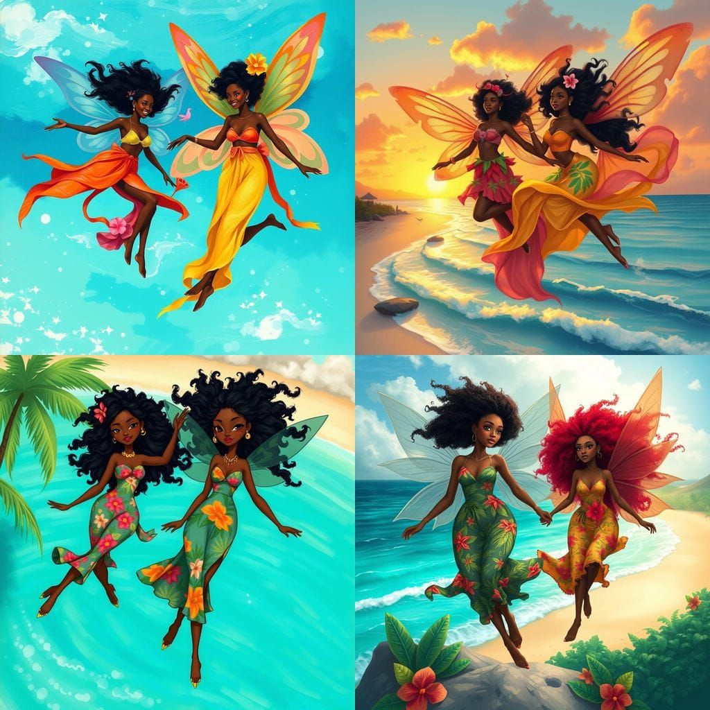 Caribbean Sunset Fairies in Whimsical Style