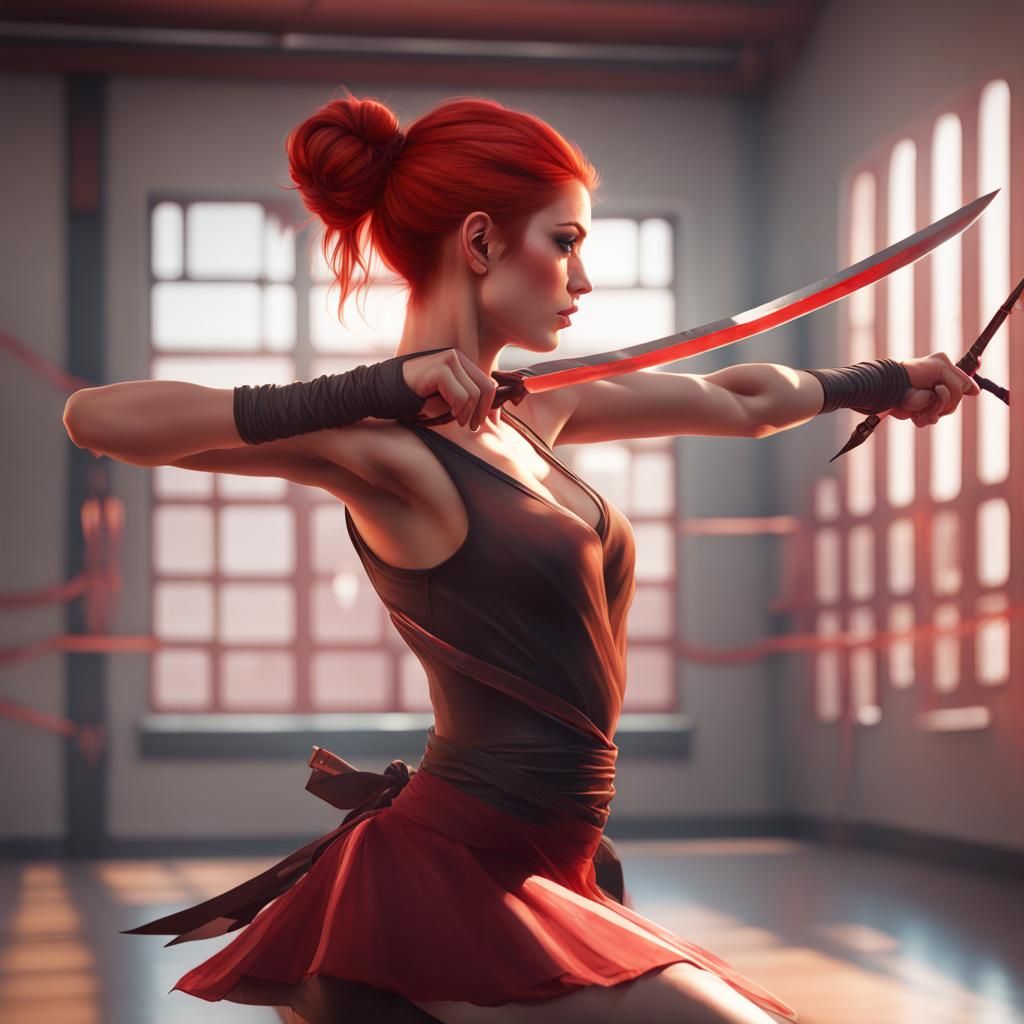 Ballerina Ninja in Dojo: Hyperdetailed Artstation Portrait