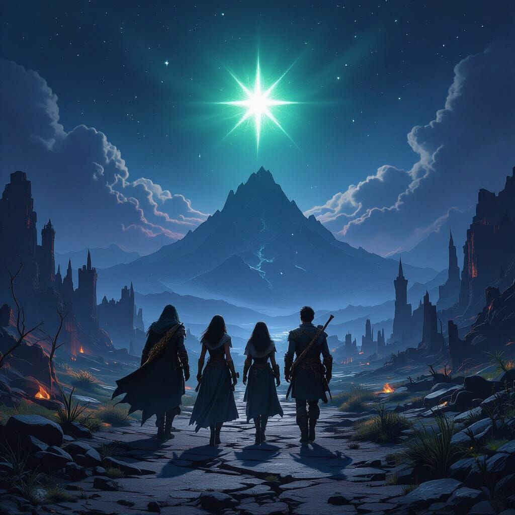 Dark Fantasy Adventurers in Ruined Lands Under Starry Sky