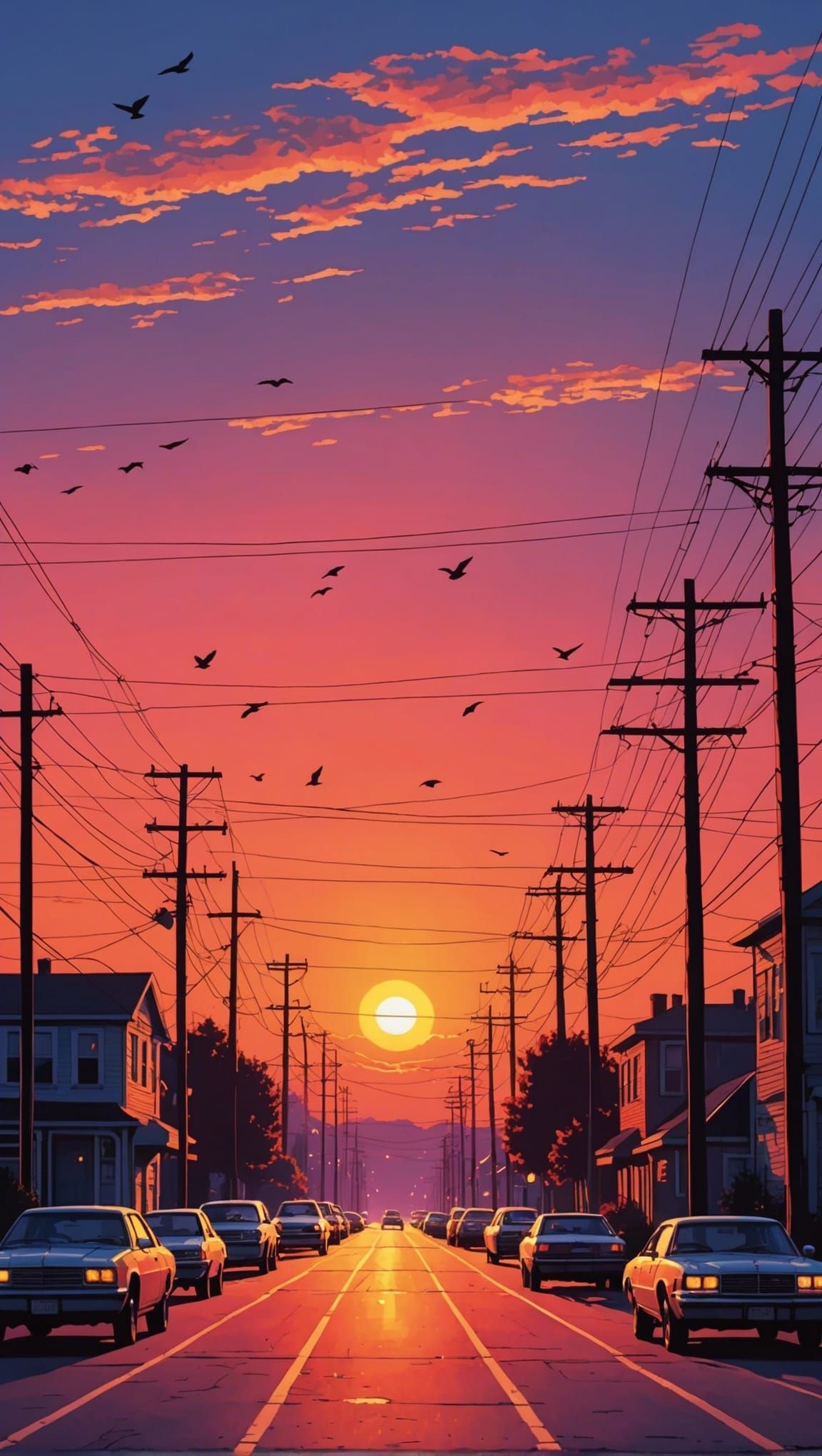 Picturesque Sunset Street Scene in Retro Style