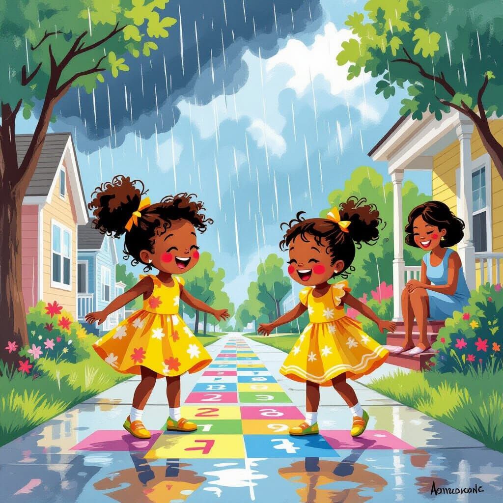 Sisters Play Hopscotch During Summer Rain