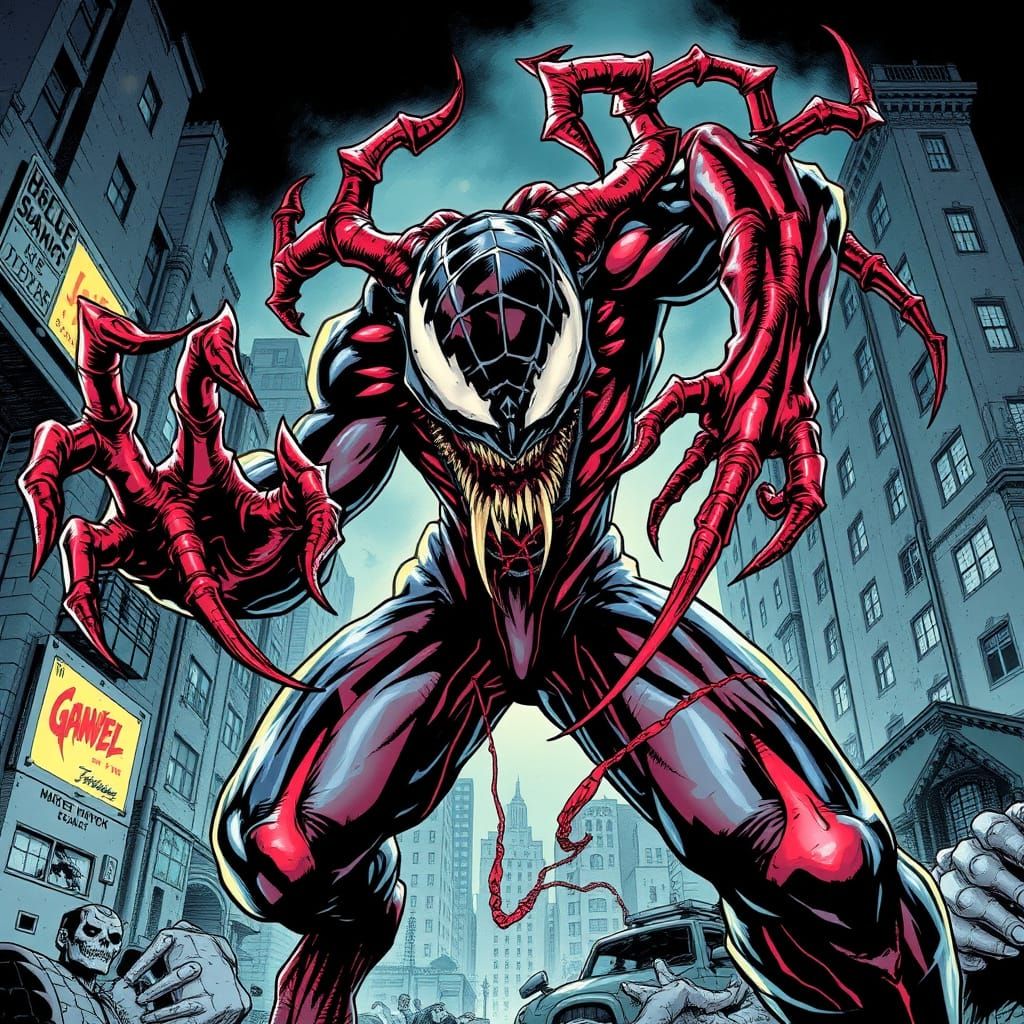 Dark and Twisted Carnage in 90s Comic Book Style
