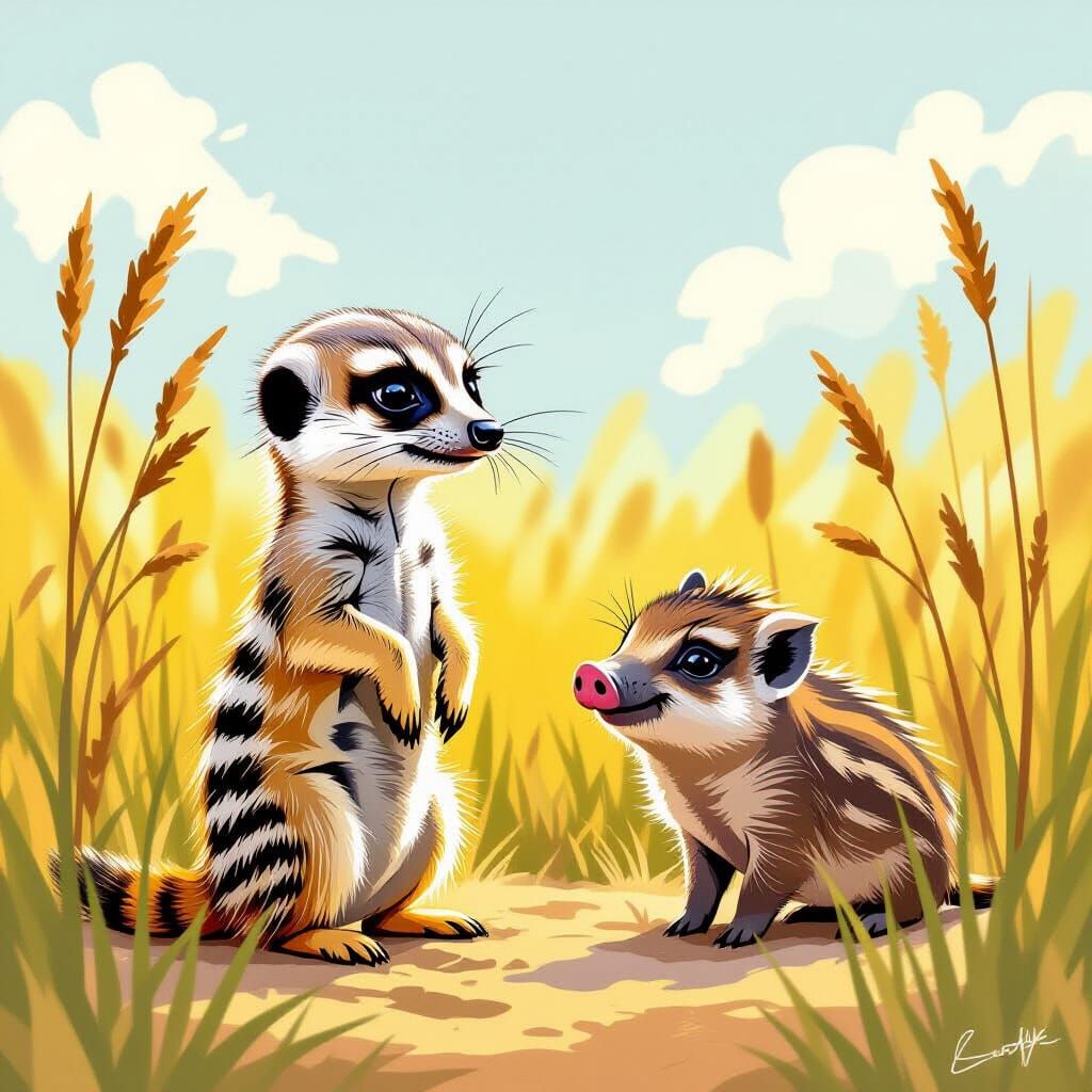 Meerkat and Warthog Chat on the Savannah