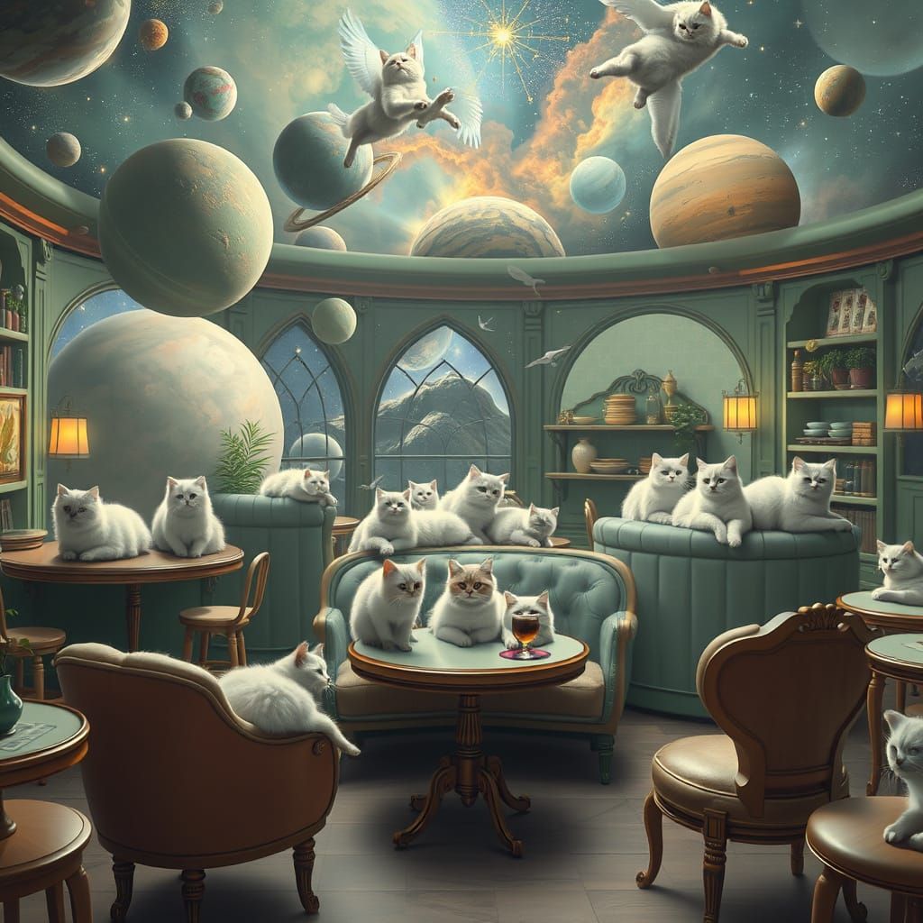 Cosmic Cat Cafe in Detailed Matte Painting Style