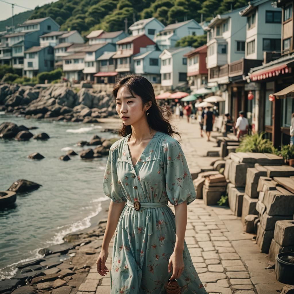Korean Girl Exploring Coastal Town: Cinematic Film Still