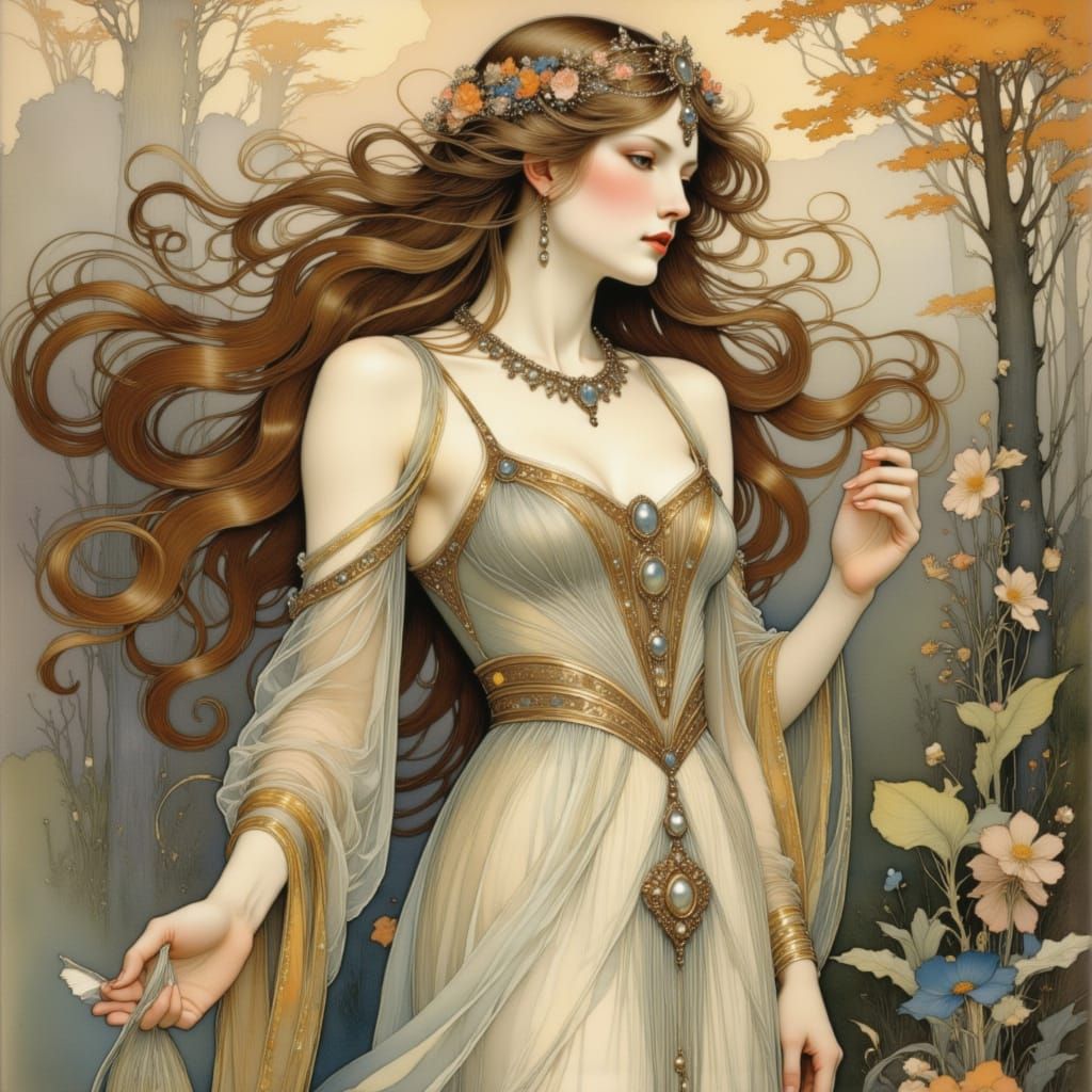 Egyptian Queen in Gold and Pearls, Romantic Landscape