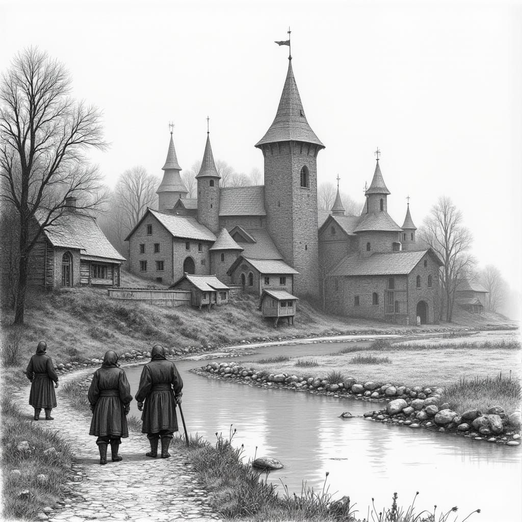 Medieval Russian Village: Black and White Pencil Sketch