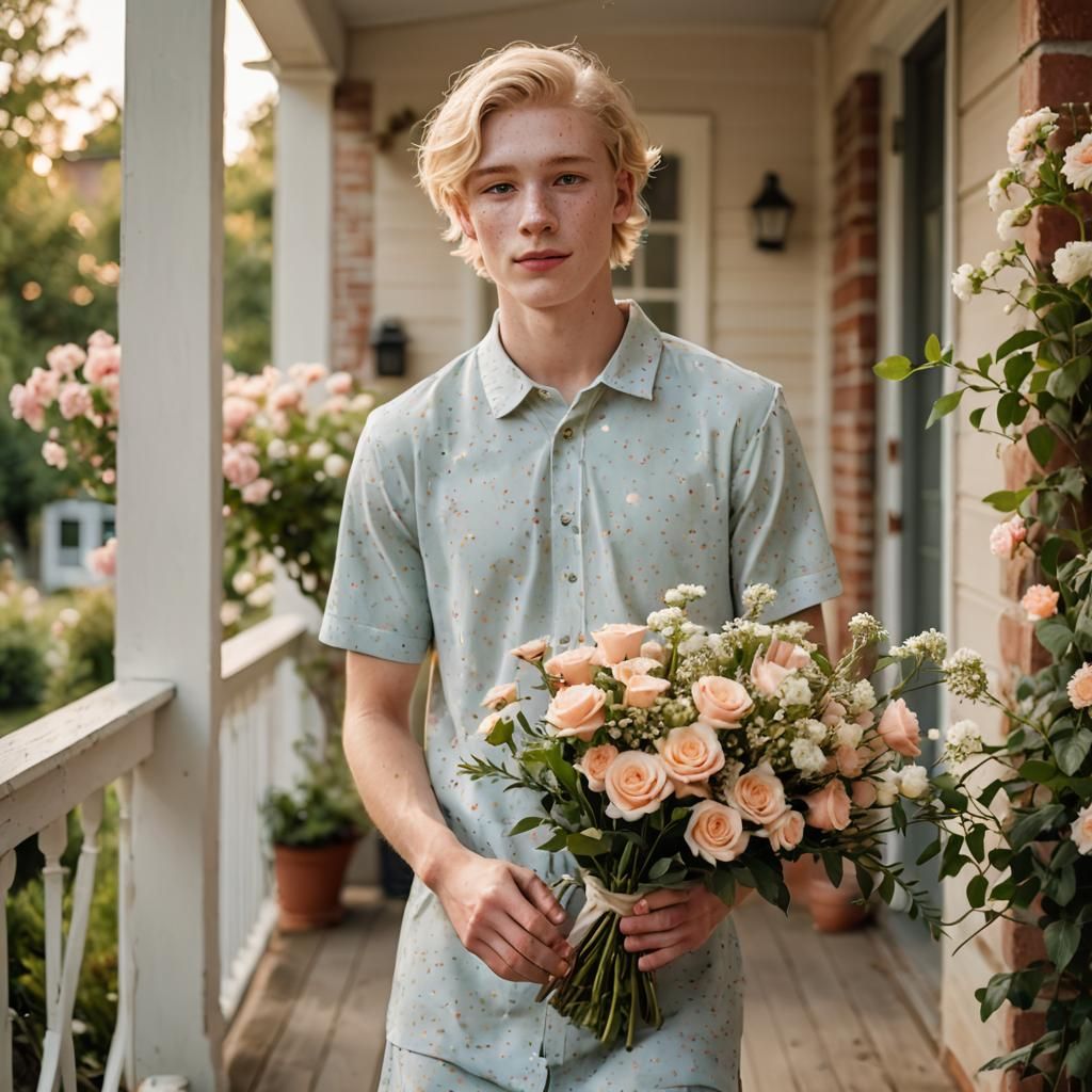 Boy in Dress Offers Flowers: Soft Focus Photography