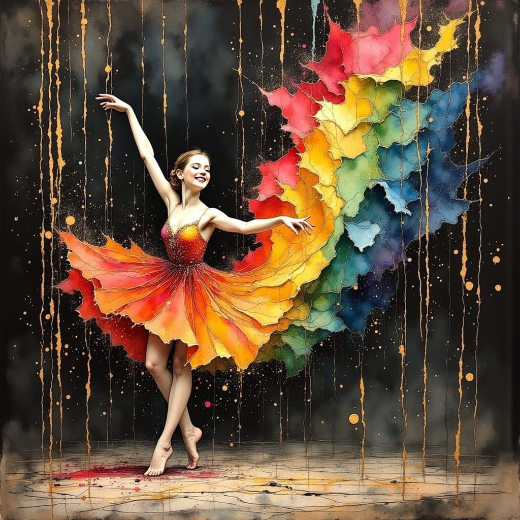 Dancer of Vibrant Silk Entangled on Wooden Stage