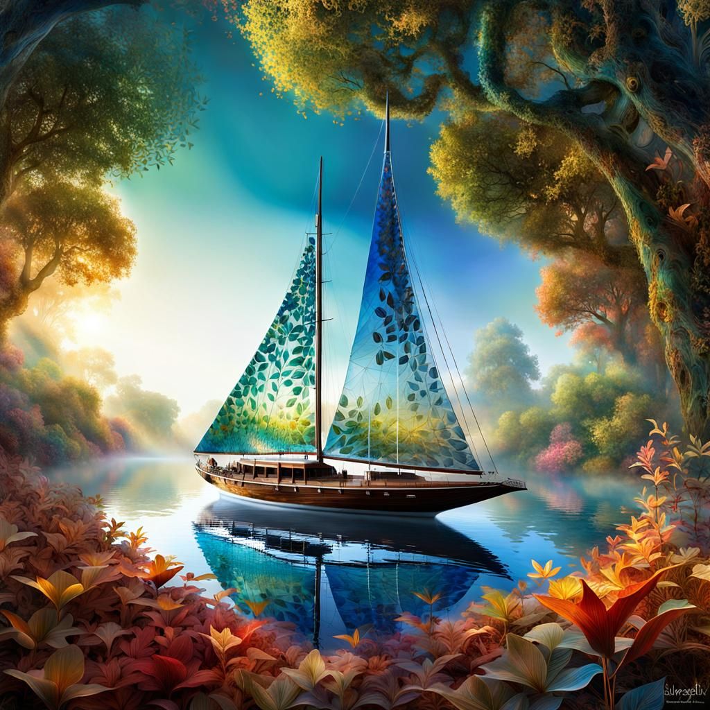 Ethereal Dreamscape: Transparent Leaf Sailboat