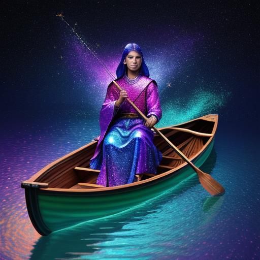 Cosmic Canoe Journey: Holographic Astral Illustration