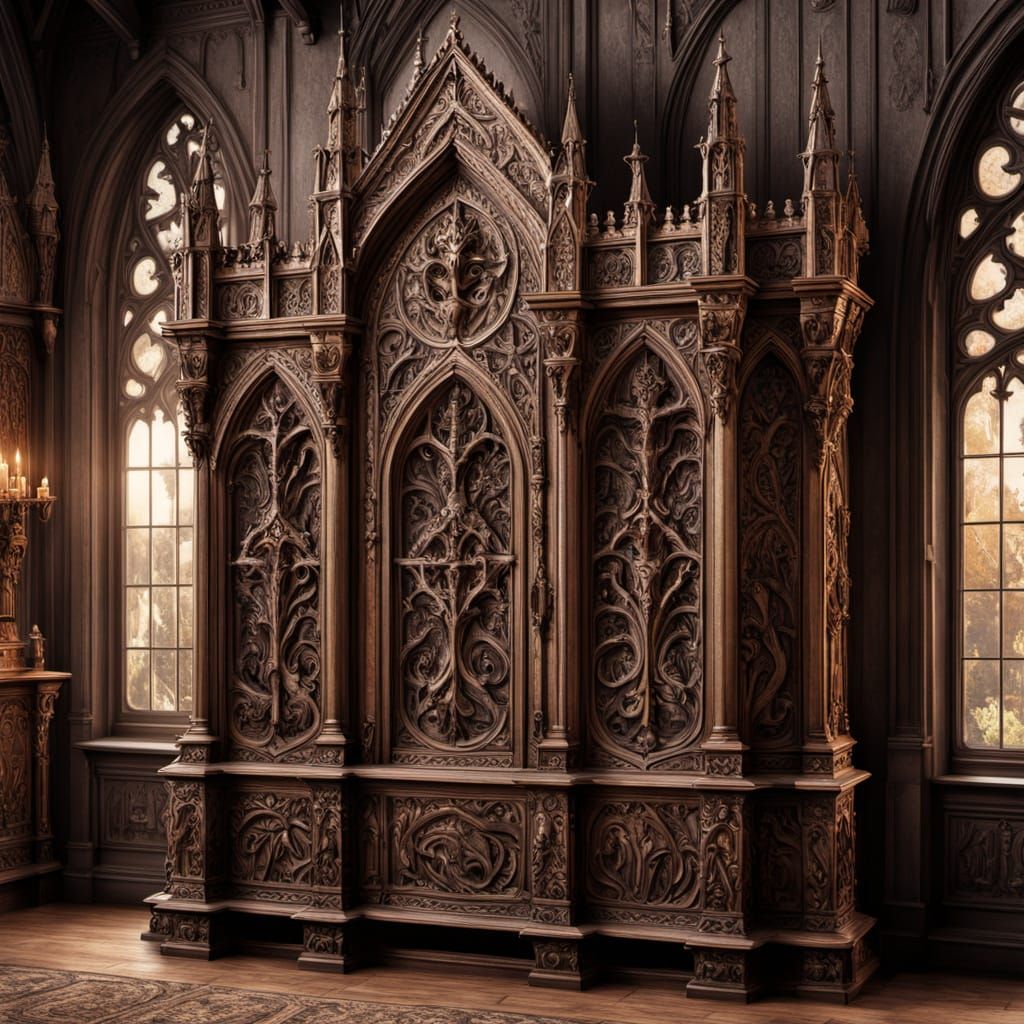 Elegant German Gothic Wardrobe in Ornate Wood Carvings