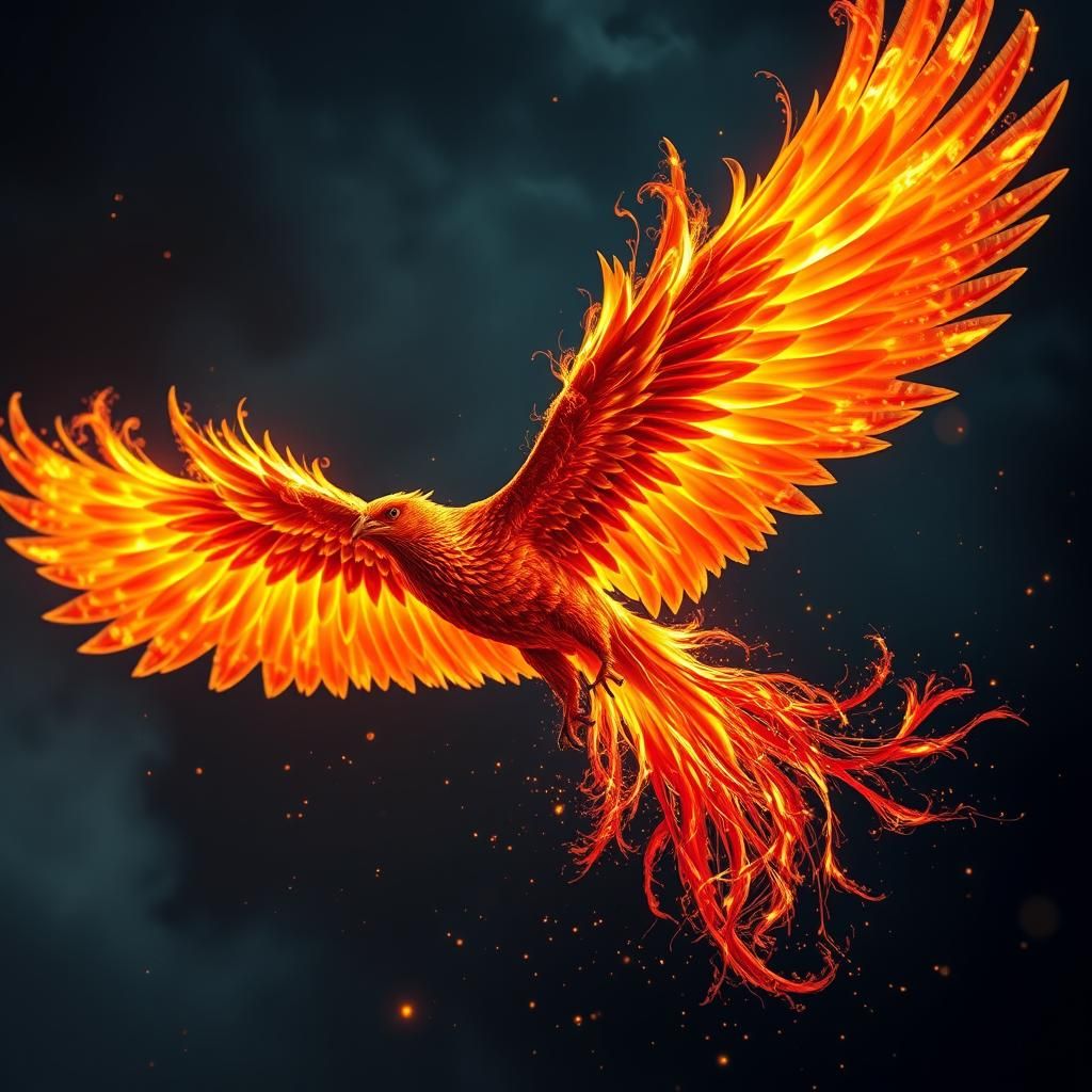 Mythical Phoenix Bird Flying in Fiery Night Sky