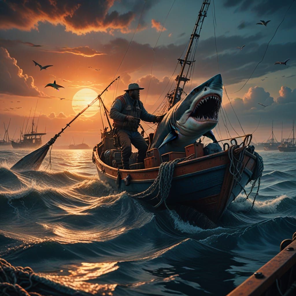 Epic Shark Reel-In Digital Painting in Vibrant Sunset Colors