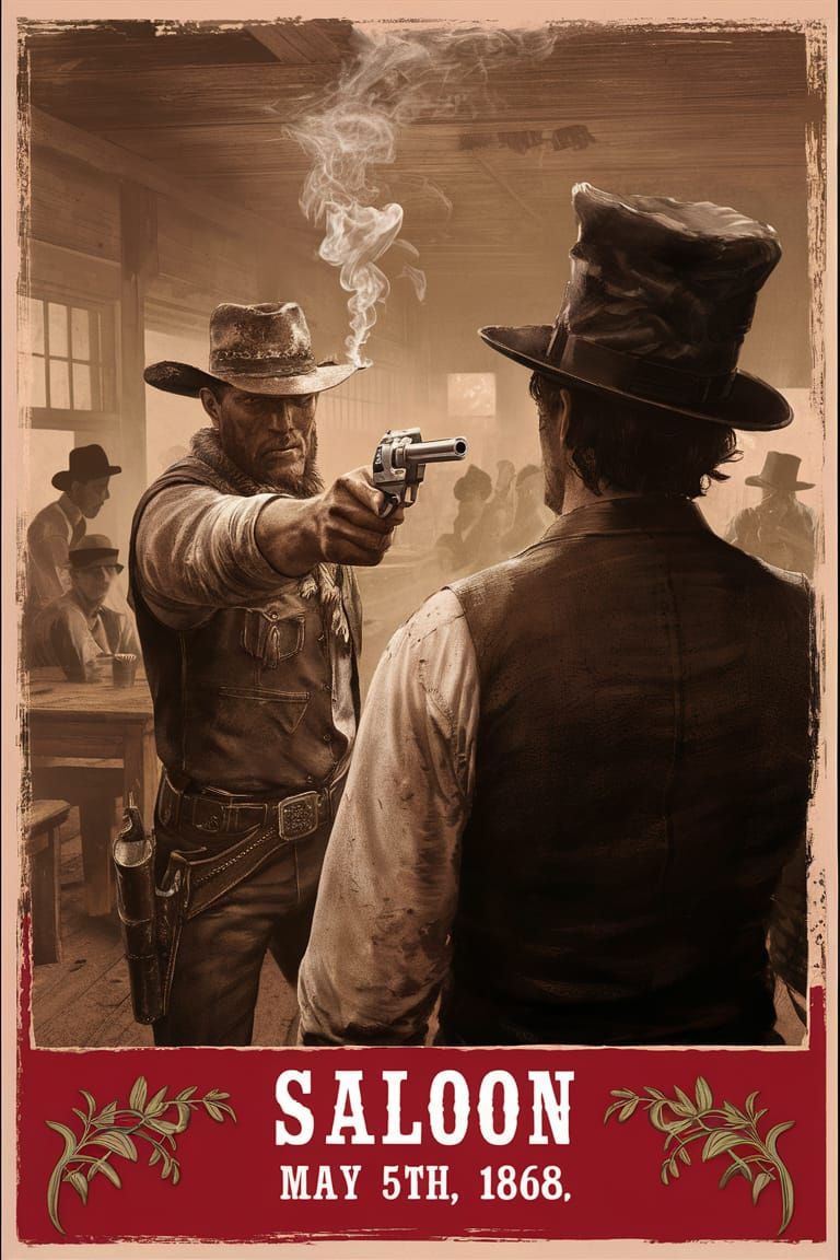 Tense Old West Saloon Scene in Sepia Lithograph