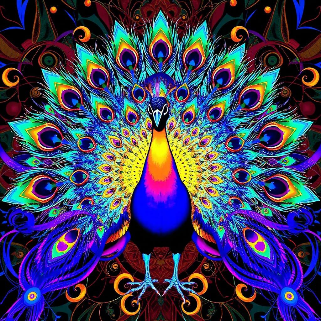 Kaleidoscopic Peacock in Psychedelic Art Deco Style