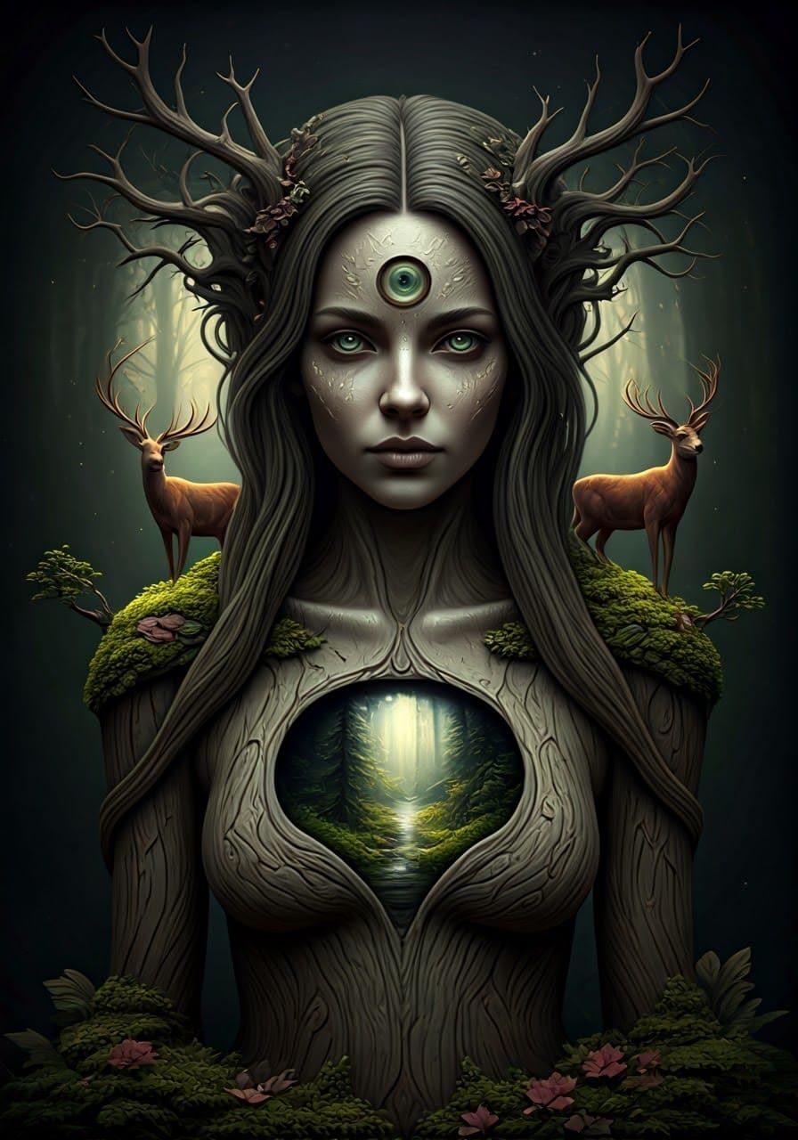 Mystical Woman with Forest Torso and Ethereal Deer