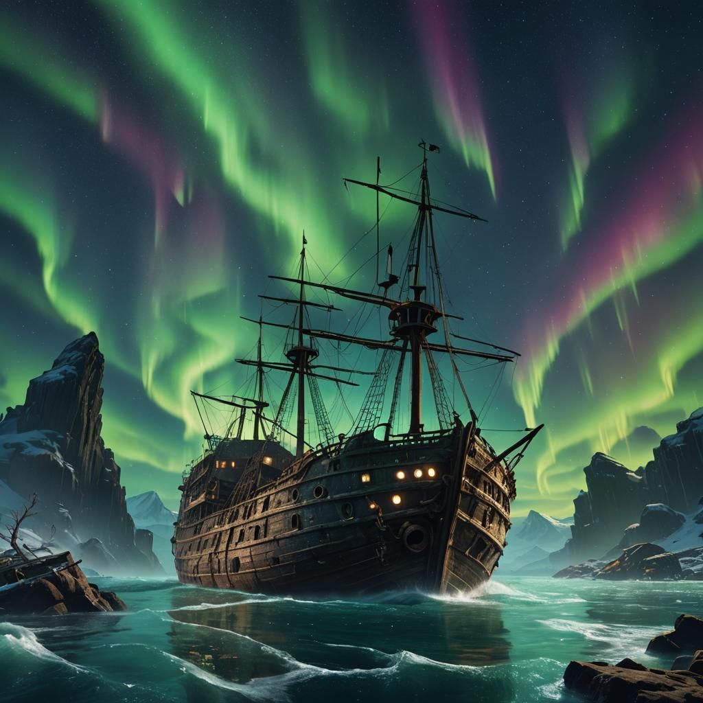 Underwater Shipwreck Under Northern Lights, Detailed Matte P...