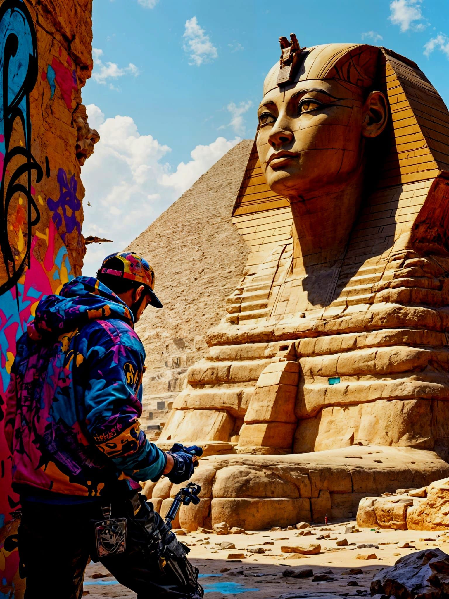 Sphinx Meets Graffiti Artist in Vivid Hyperrealism