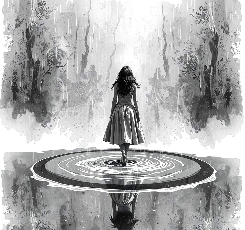 Surreal Watercolor Ink Drawing of a Woman in a Rainy Puddle