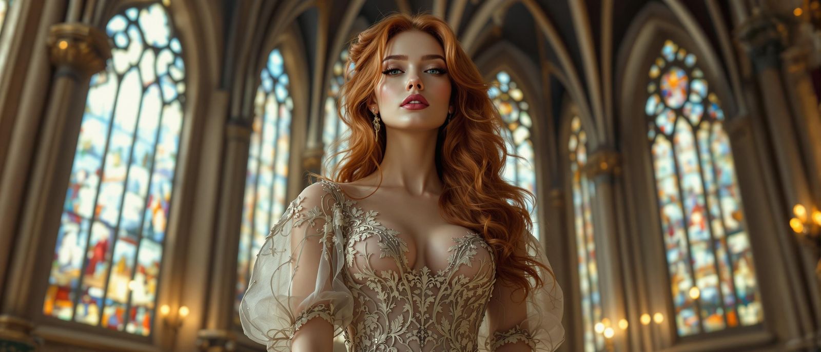 Elegant Woman in Gothic Cathedral, Inspired by Art Nouveau