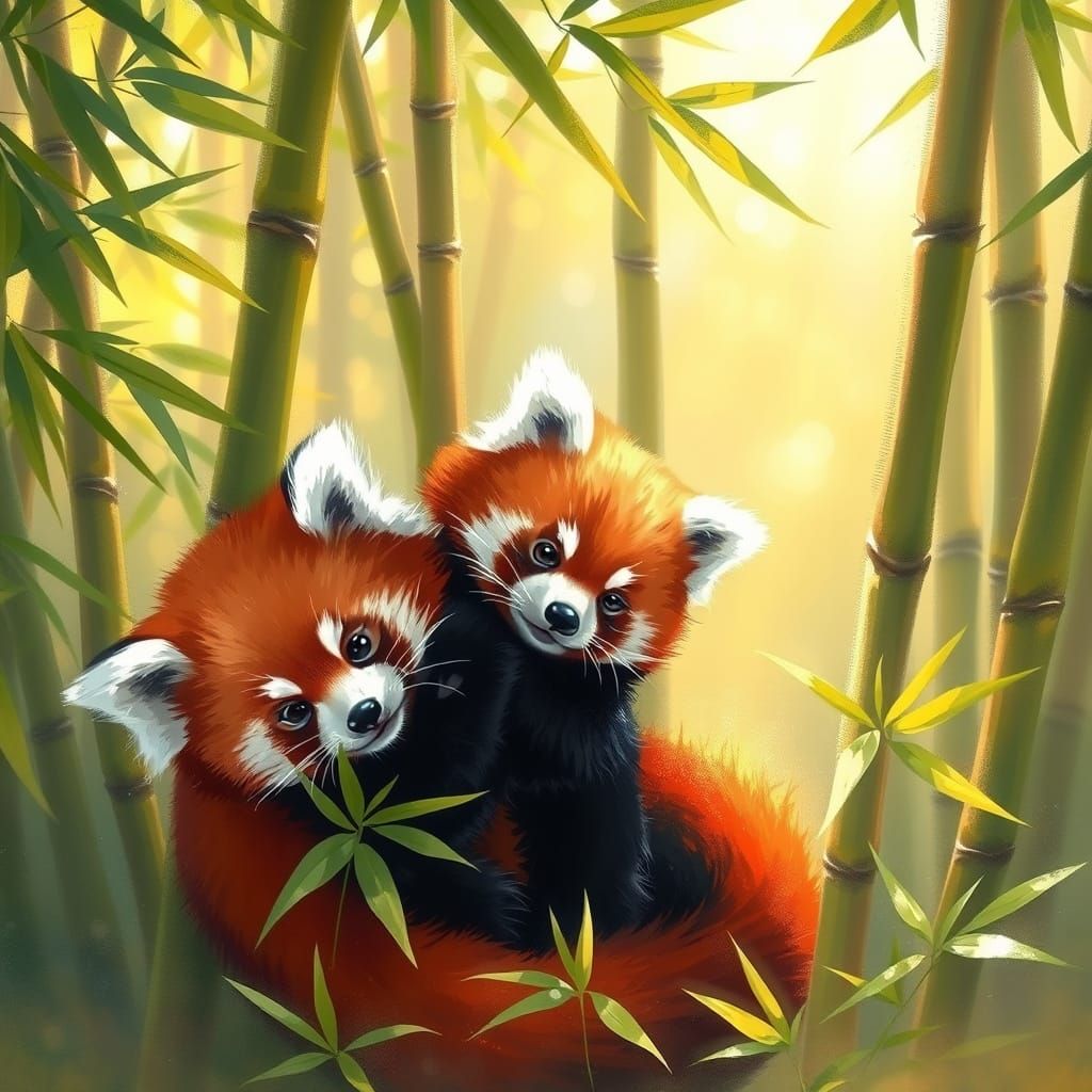 Two Red Pandas Play in Bamboo Forest